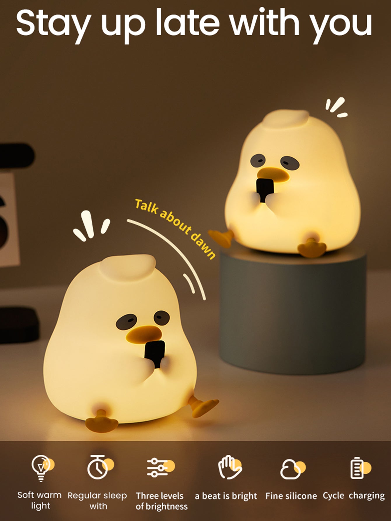 Adorable Silicone Duck LED Night Light - Rechargeable Tap Control, Adjustable Brightness, Long Battery Life, Soft Silicone Material