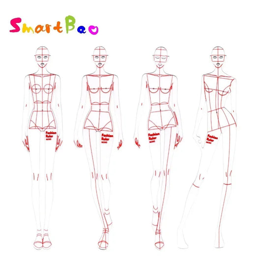 Reglas de ilustración de moda: 4 modelos, diseño de ropa femenina, diagrama de efectos, pintura de moda, cuerpo humano, plantilla dinámica, regla 