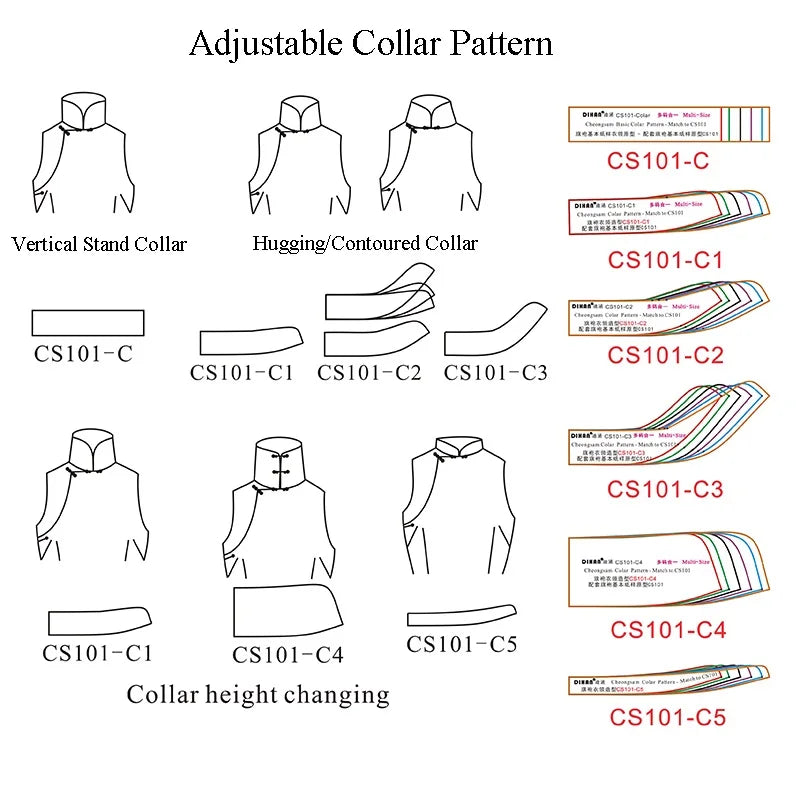 Cheongsam Mandarin Collar Pattern Template Set (6 Styles) – CS101-C, Multi-Size Transparent Plastic Sewing Pattern