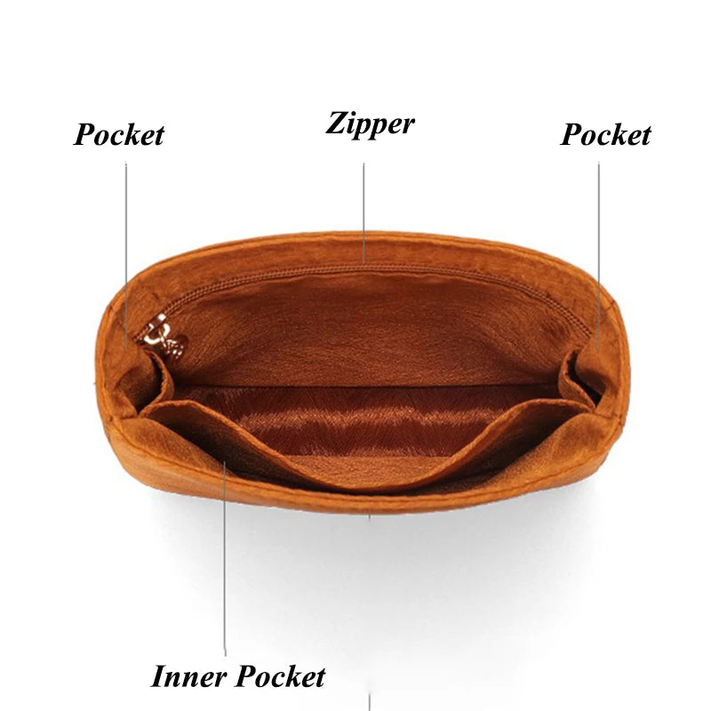 Organizador de inserción premium: bolsa de maquillaje y almacenamiento de satén de sarga de lujo, organizador multiusos para bolsos con estructura de soporte y protector de forro para bolsos de mano, bolsos de diseñador y bolsos de mano.