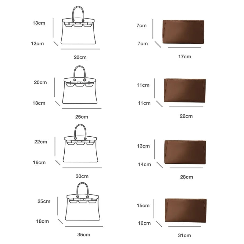 Organizador Birkin de ajuste personalizado para tallas 20/25/30/35: forro de nailon ligero con bolsillos interiores y compartimento con cremallera. 