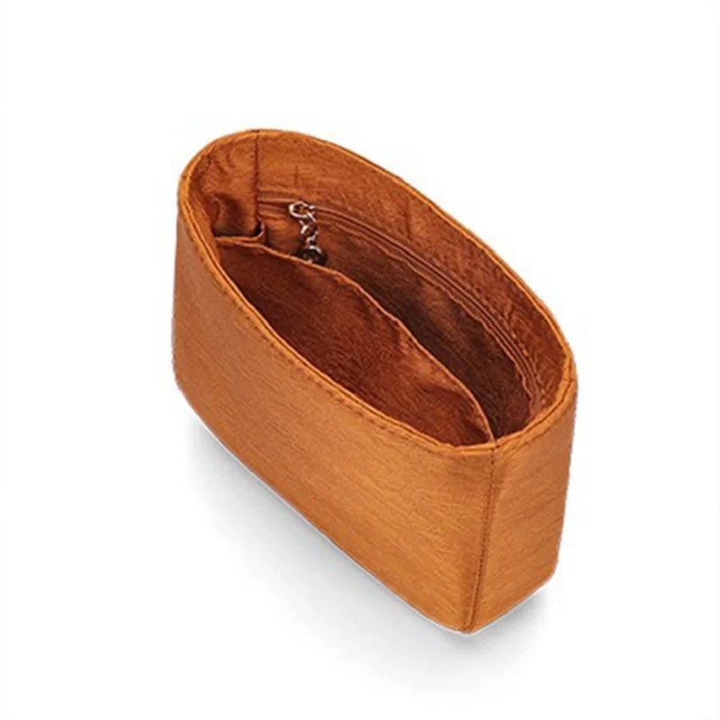 Organizador de inserción premium: bolsa de maquillaje y almacenamiento de satén de sarga de lujo, organizador multiusos para bolsos con estructura de soporte y protector de forro para bolsos de mano, bolsos de diseñador y bolsos de mano.